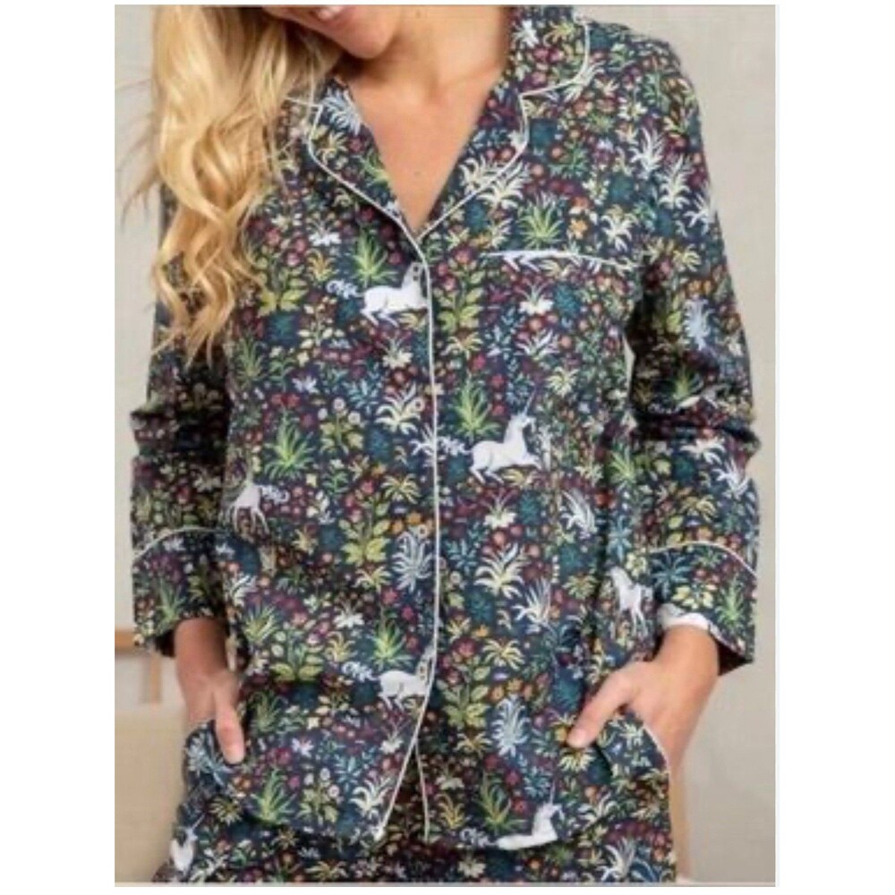 Print Fresh Blue Unicorn Forest Print Pajama Top Women's Size Large Whimsical